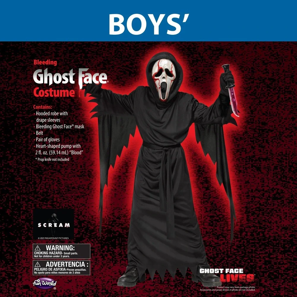Fun World Ghost Face Bleeding Costume Kids Size L 10-12 Scream Mask Robe Gloves